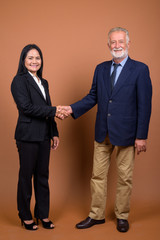 Mature multi-ethnic business couple against brown background