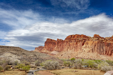 Fototapeta premium Capitol Reef National Park, Utah. Capitol Reef is a 100-mile pinch in the earth’s crust with layers of golden sandstone, canyons and striking rock formations making up a geological waterpocket fold.
