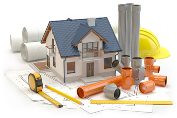 House, plans and elements for sewer system  - obrazy, fototapety, plakaty
