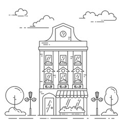 Fototapeta premium City landscape with retro house, trees and clouds in line art isolated on white background.