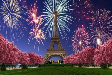 Gordijnen View of Fireworks over Eiffel tower from Camps of Mars at sunset © Alfredo