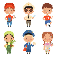 Funny cartoon children characters of various professions