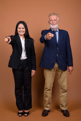 Mature multi-ethnic business couple against brown background