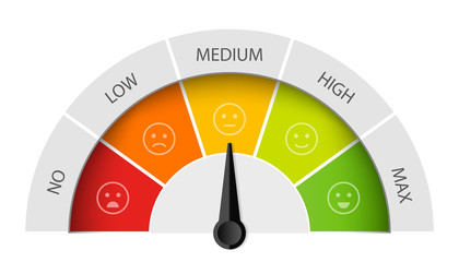 Creative vector illustration of rating customer satisfaction meter. Different emotions art design from red to green. Abstract concept graphic element of tachometer, speedometer, indicators, score - obrazy, fototapety, plakaty