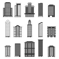 Monochrome illustrations of urban buildings. Business offices in skyscrapers