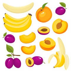 Bright vector set of colorful banana, peach, plum