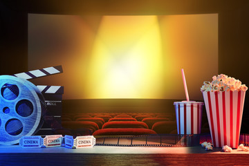Equipment and elements of cinema with background cinema