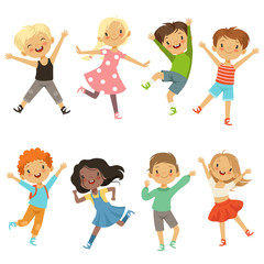 Active kids in different action poses. Vector illustrations