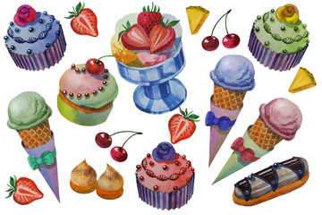 Hand drawn watercolor sweets and cakes