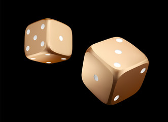 Poker dice. View of golden white dice. Casino gold dice on black background. Online casino dice gambling concept isolated on black