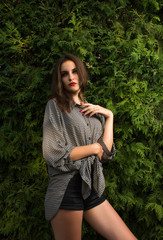 Elegant brunette model in long shirt posing on a green thuja background