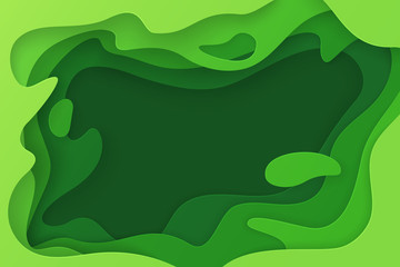 Vector abstract green background in the 3d paper cut style for design of a cover of  business brochures, flyers, leaflets. Modern horizontal layout with carving from paper shapes for ecology posters.