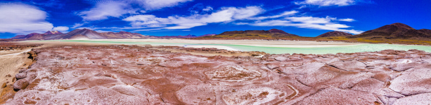 Salt lakes inside Atacama Desert at Chile in the middle of the Andes