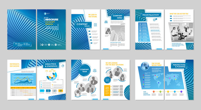 Brochure creative design. Multipurpose template with cover, back and inside pages. Trendy minimalist flat geometric design. Vertical a4 format.