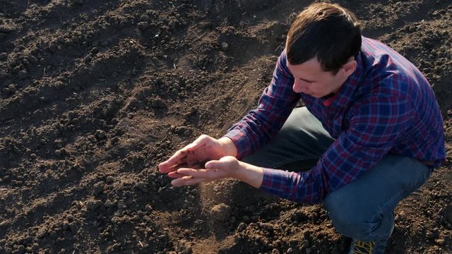 Farmer take a sample of the black fertile soil. Farmer handful of fertile soil standing in cultivated field. Soil, Agriculture, - Farmer hands holding and pouring back organic soil.