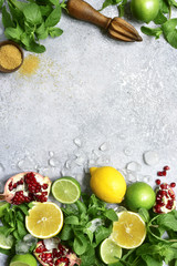 Food background with ingredients for making citrus lemonade.Top view with copy space.