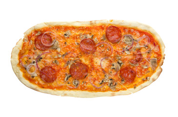 Pizza close-up on a white background. Pizza with cheese, tomatoes, onions and spicy sausage salami.