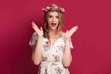 Beauty female model with flowers headband.
