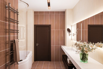 3d render interior design of a modern bathroom with a large mirror
