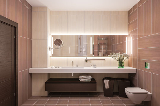 3d render interior design of a modern bathroom with a large mirror