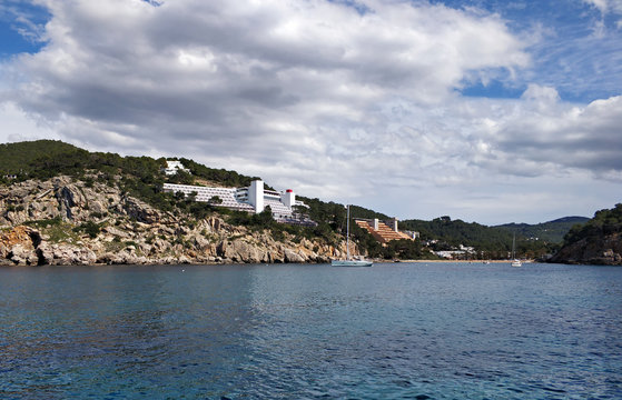 Rocky coastline of Saint Miguel in Ibiza Island. Spain