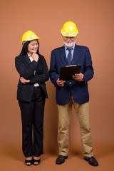 Mature multi-ethnic business couple against brown background
