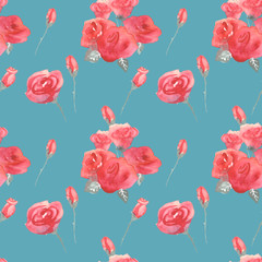 Fototapeta premium Roses flowers and buds pink blue vintage seamless pattern background