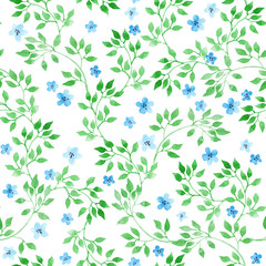 Cute ditsy flowers, herbs and grasses. Seamless pattern. Watercolor