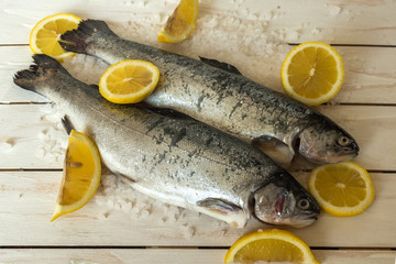 Rainbow trout over sea salt with pieces of lemon over white Mediterranean wooden background