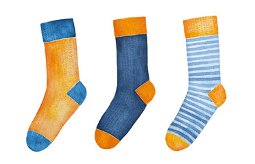 Collection of colorful knitted socks, watercolour illustration. Warm, soft, contrast, joyful and cozy. Hand painted water colour drawing on white, isolated clip art for design and decoration.