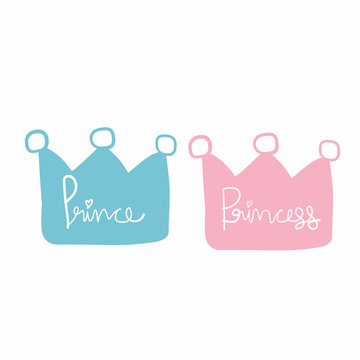 Prince and princess crown cartoon pink and blue pastel vector illustration