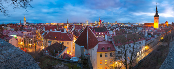 Fototapeta na wymiar Night aerial panoramic cityscape with Medieval Old Town in Tallinn, Estonia
