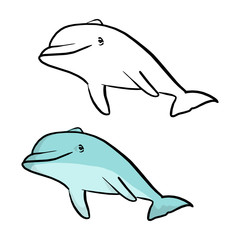 blue smiling dolphin vector illustration sketch doodle hand drawn with black lines isolated on white background