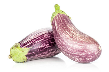 Two striped purple eggplants isolated on white background.