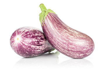 Two striped violet eggplants isolated on white background.