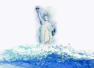 Watercolor painting of waves and The Statue of Liberty.