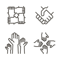Set of hand icons representing partnership, community, charity, teamwork, business, friendship and celebration. Vector thin line icon design
