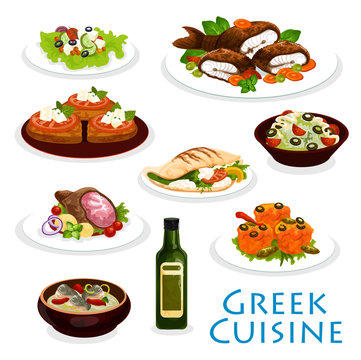 Greek cuisine dinner icon with mediterranean food