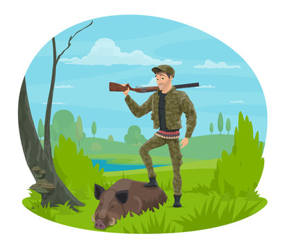 Hunter with rifle and trophy boar cartoon icon