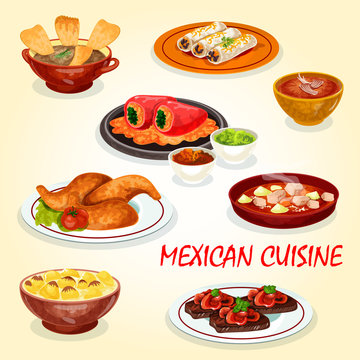 Mexican cuisine icon of dinner dish with hot sauce