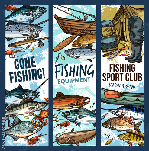 Fishing Banner With Fishing Equipment And Fish Stock Image And