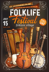 Naklejka premium Folk music festival poster with musical instrument