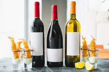 Assorted wine drinks in bottles. Alcoholic drinks in bar
