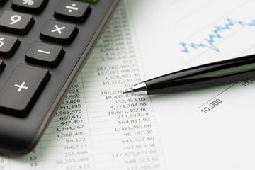 Investment, financial equity, stock exchange price index concept, calculator, pen on price numbers report with graph and chart on table