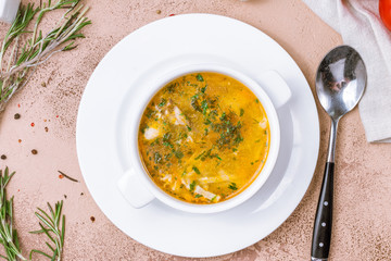 Chicken soup bouillon in a plate