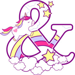 Naklejka na ściany i meble initial ampersand with cute unicorn and rainbow. can be used for baby birth announcements, nursery decoration, party theme or birthday invitation. Design for baby and children