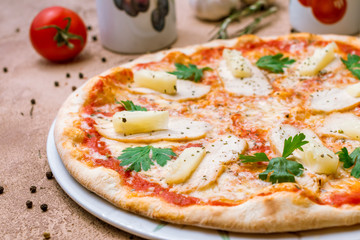 pizza Hawaiian with pineapple and chicken