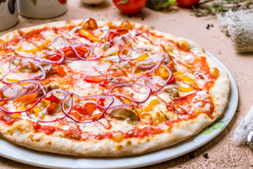 Pizza with meat and barbecue sauce