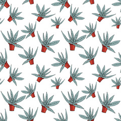 home green aloe in red pot in doodle style, flat cartoon colors, seamless pattern isolated on white background, stock vector illustration