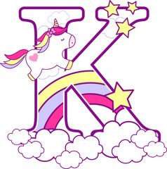 initial k with cute unicorn and rainbow. can be used for baby birth announcements, nursery decoration, party theme or birthday invitation. Design for baby and children